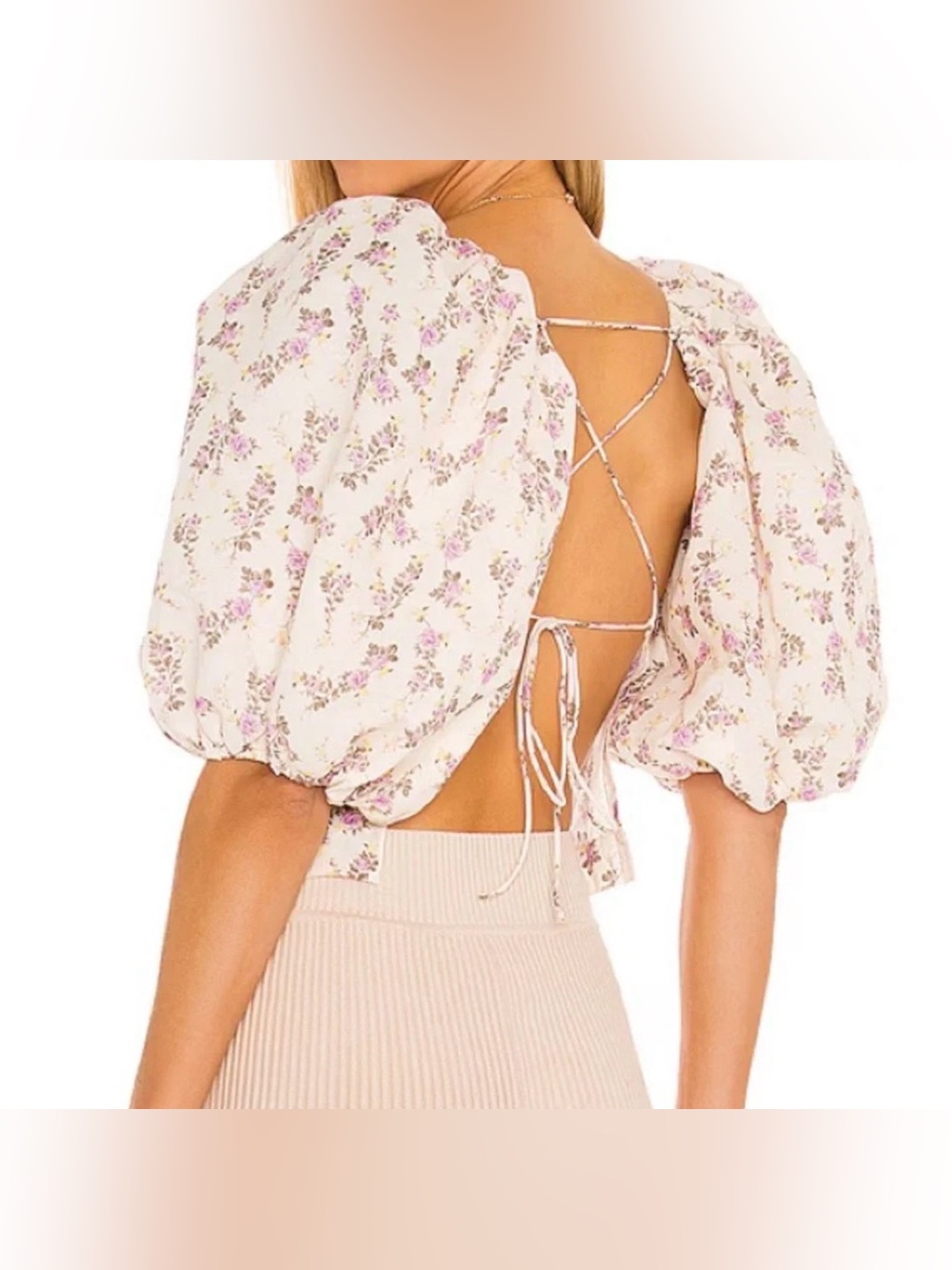 NWT Floral Puff Sleeve Open-Back Lace-up Crop Top Coquette Cottagecore Country